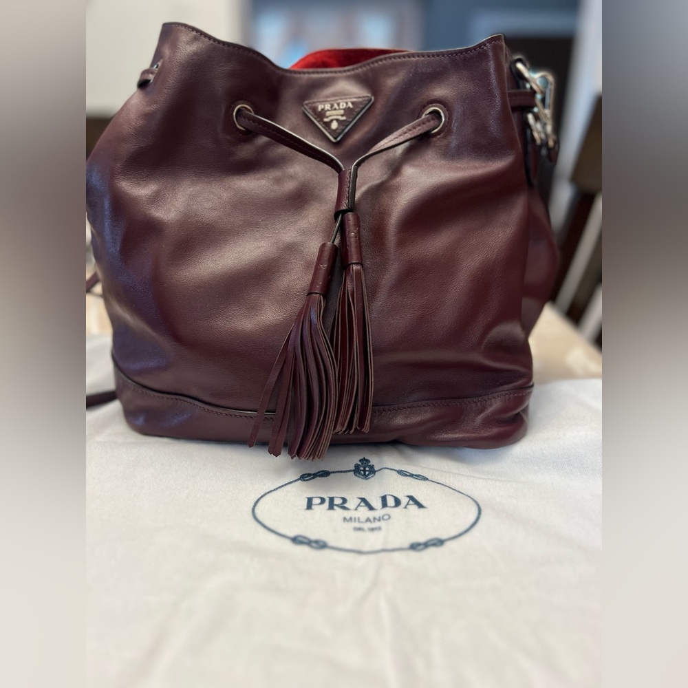 Prada Granato/Rubino Soft Calf Leather Cinch Bucket Bag 1BE069